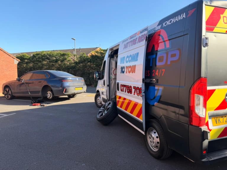 Mobile tyre fitting technician at work in Greater Manchester