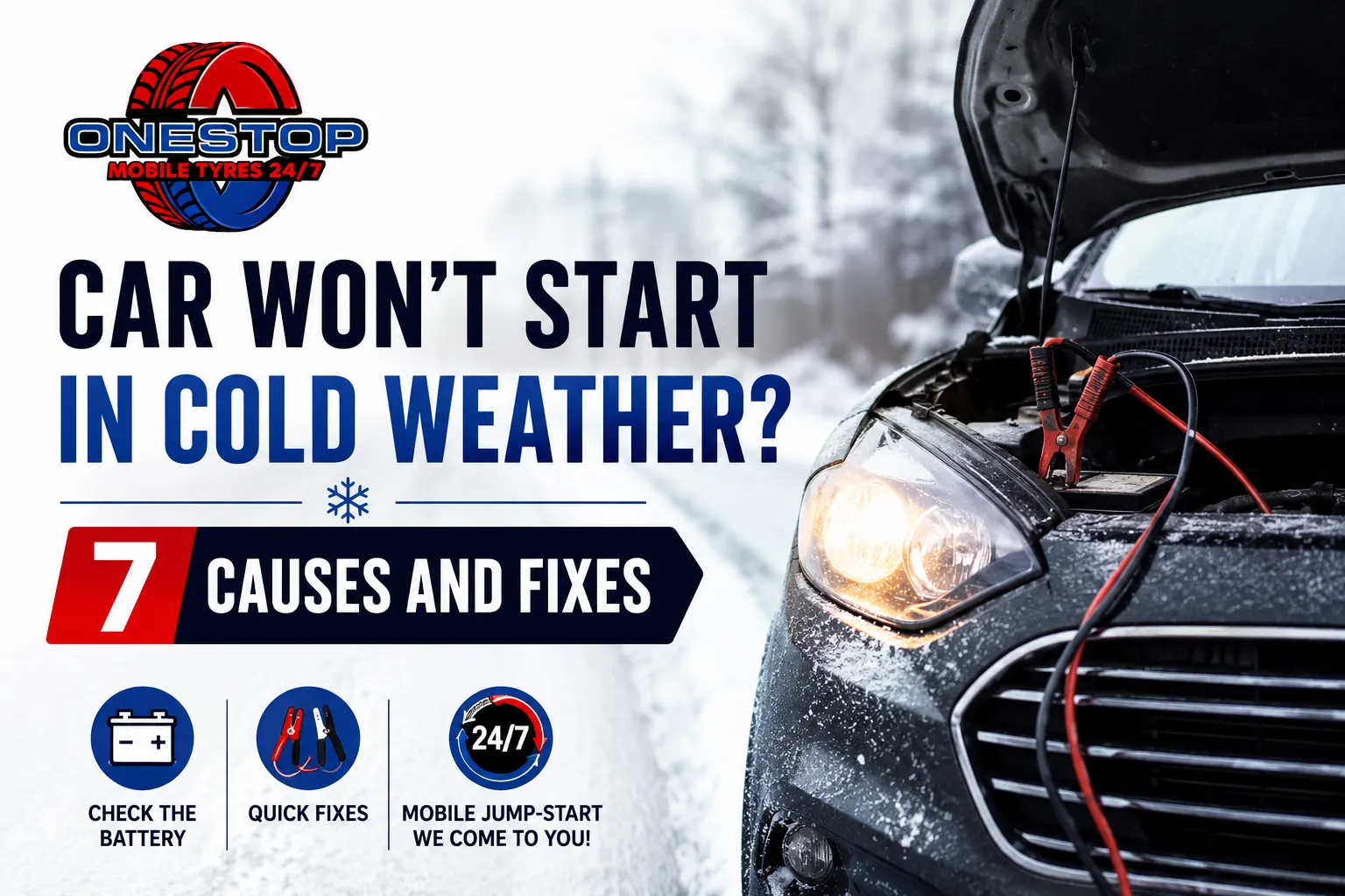 Car with bonnet open and jump leads attached on a snowy road, car will not start in cold weather