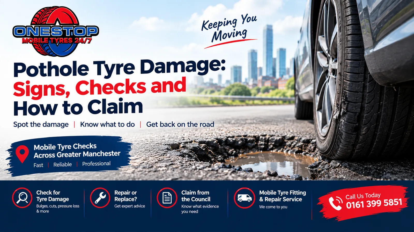 Car tyre next to a deep pothole, showing pothole tyre damage signs, checks and how to claim