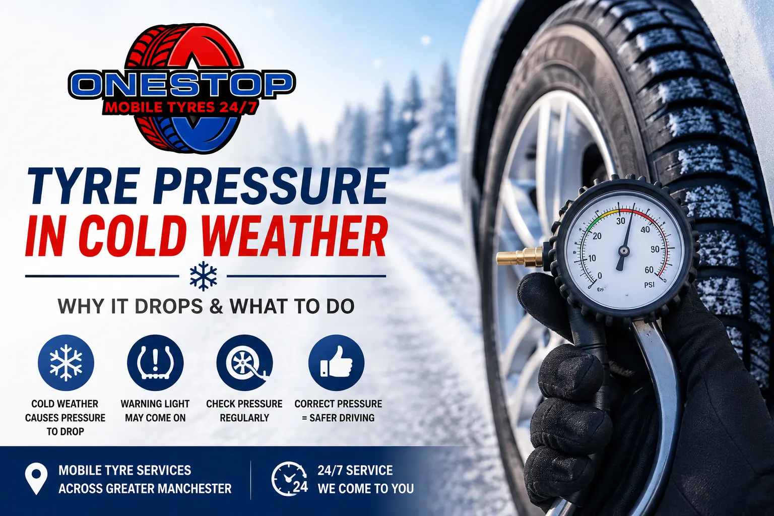 Tyre pressure gauge held against a car tyre on a snowy road, showing why tyre pressure drops in cold weather